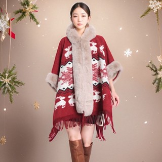 【免運】秋冬新款刷毛加厚耶誕復古斗篷披肩大毛領連帽毛呢外套女保暖披風