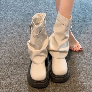 see 靴子 厚底靴子 辣妹高筒靴 皮靴 女鞋 2024冬季新款女靴子韓版時尚百搭小個子增高顯瘦中筒褲管靴靴子女