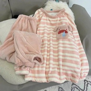 see 保暖睡衣 加絨睡衣 居家服 長袖睡衣 珊瑚絨睡衣女秋冬季加絨加厚學生ins風宿舍可愛小豬家居服可外穿