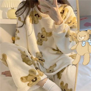 see 保暖睡衣 加絨睡衣 居家服 長袖睡衣 珊瑚絨長袖女睡衣ins新款秋冬小熊法蘭絨學生加絨春秋家居服套裝