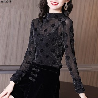 女生蕾絲打底衫💟 2024秋冬新款半高領長袖網紗內搭加絨加厚打底衫波點氣質上衣女