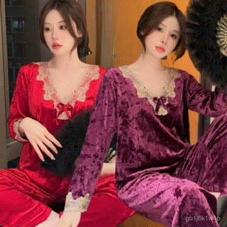 【女生睡衣 睡裙 居家服】大紅本命年結婚金絲高檔絨睡衣女秋冬季長袖甜美法式2025新款 JYMC