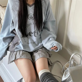 Annie💖 美式復古運動風寬鬆休閒字母印花V領撞色大學T韓國秋冬男女 大學T 秋冬上衣 棒球上衣