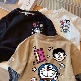✨兒童上衣✨臺灣出貨 100%純棉兒童T恤 80-140碼 中小童卡通機器貓長袖上衣 春秋款兒童假兩件T恤 兒童衣服