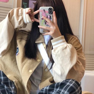 see 棒球服外套 oversize外套 春秋外套 韓版學生寬松夾棉長袖棒球服秋冬2022年新款加厚休閑森系外套女潮