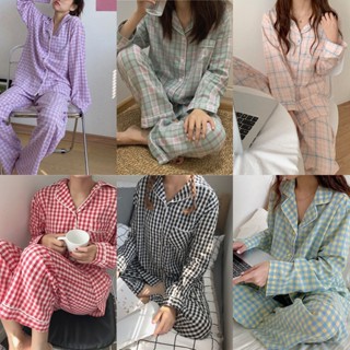 新竹出貨♕格子睡衣 睡衣套裝居家服女生 ins格子 開扣 長袖長褲兩件式韓版 甜美清新 春秋款 家居服套裝