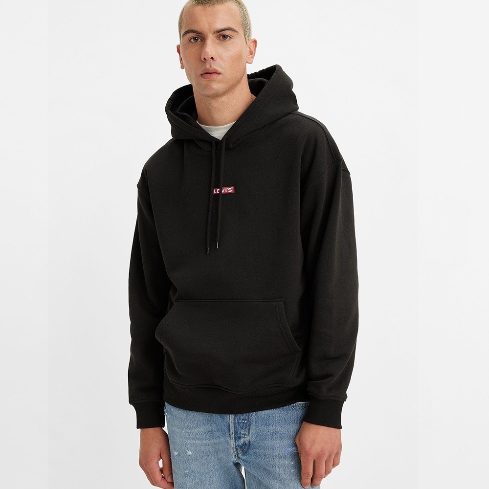 Levis 寬鬆版重磅刷毛帽T / 迷你方形徽章Logo 魚子黑 男款 A4233-0001 熱賣單品