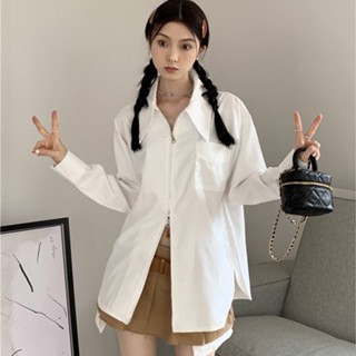 [Heart 心跳]法式拉鍊白色長袖襯衫女設計感小眾寬鬆顯瘦襯衣獨特別緻上衣 長袖襯衫 上衣