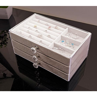 臺東出貨♕絨布首飾盒三層抽屜飾品收納盒透明首飾收納盒跨境亞克力首飾盒子（灰色）