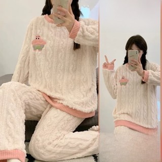 秋冬季加厚珊瑚絨睡衣女長袖新款可愛卡通休閒法蘭絨家居服