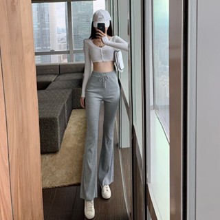 WeiWei微韓女裝 微喇叭褲 春夏熱銷 韓版女裝長褲 高腰垂感衛褲 抽繩設計 休閒時尚運動褲 簡約百搭 顯瘦微喇褲子