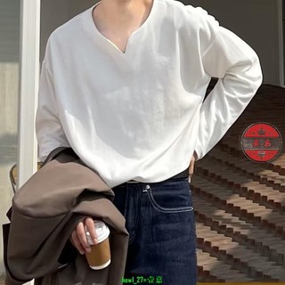 暢銷-春秋設計感ins寬鬆V領白色長袖T恤男