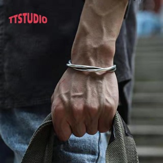【TT潮飾】男生手鍊 s925純銀泰國手工扭線手鐲男潮復古純銀開口手環原創小眾設計男士