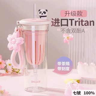 🔥臺灣出貨 熊貓隨手杯 高顔值ins吸管杯 學生超萌果茶水杯 女士夏季大容量水壺 茶水分離杯 泡茶杯 耐高溫櫻花熊貓可