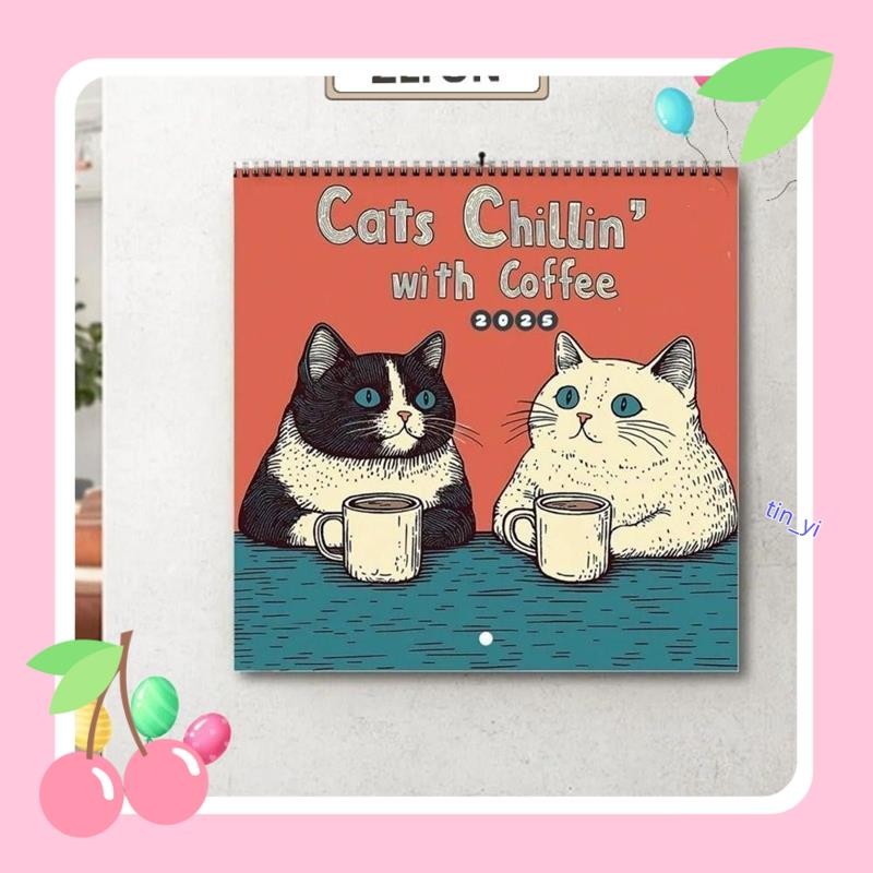 熱賣✨2026年曆,手 製作的 庭計劃師貓咖啡館日曆,厚紙12每月掛曆 裝飾tin_yi