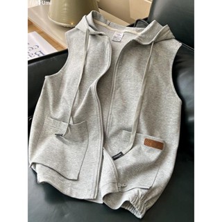 Umi🚗限時免運 馬甲女春秋款運動休閑純色外穿背心連帽開衫無袖衛衣馬夾帶帽外套