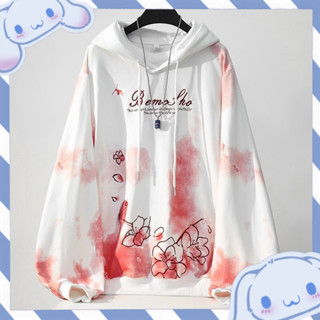 【墨雨】潮牌國潮漸變色櫻花刺繡連帽衣日係oversize帶帽女裝外套 上衣 女生外套 長袖 長袖上衣 長袖衣服 衛衣