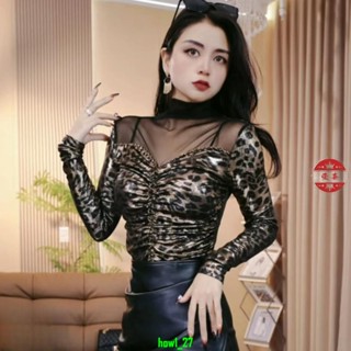 暢銷-歐貨洋氣性感褶皺收腰網紗半高領長袖T恤女秋季新款流上衣