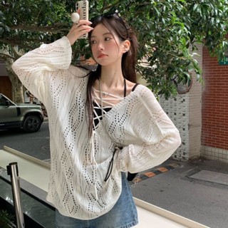 GALA衣櫥 鏤空綁帶針織衫女春夏2024年新款寬鬆白色長袖設計感小眾別緻上衣