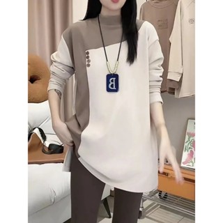 春秋長袖上衣女 中長款插肩打底衫女秋冬季新款加絨加厚大碼顯瘦百搭遮肚洋氣上衣 長袖t恤女 打底衫 保暖衣秋冬內搭上衣