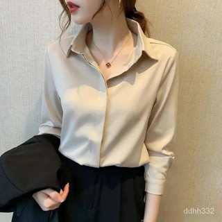 S-3XL雪紡襯衫女長袖上衣設計感小眾韓版百搭職業港味素色上衣氣質襯衣 POLO領上衣 襯衫 長袖襯衫 襯衣 大尺碼上衣