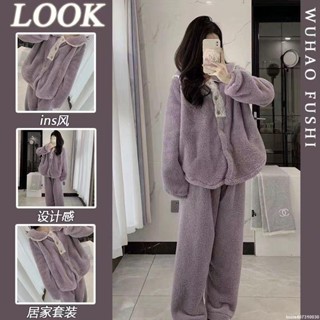 泡泡糖的小店-韓版甜美娃娃領珊瑚絨睡衣女加絨加厚冬季新款加厚毛絨家居服套裝