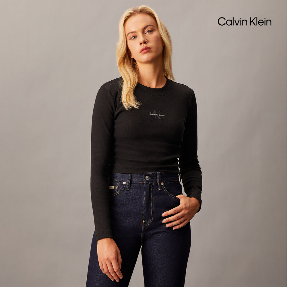 【Calvin Klein】 CK Monogram 貼身羅紋針織 T恤_黑色