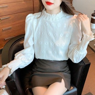 大碼上衣 長袖 長袖女💕泡泡袖雪紡衫女秋冬2024新款時尚洋氣減齡小衫半高領蕾絲打底上衣