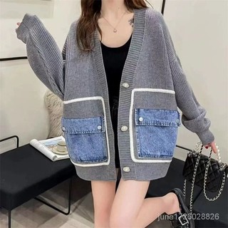 牛仔口袋拚接毛衣新款慵懶寬鬆加厚針織開衫外套針織衫 韓版羊毛衫 寬鬆 針織外套 大尺碼 毛衣外套9289 OZOZ