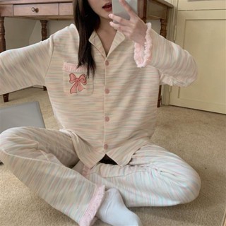 YC家🎀熱銷爆款 新款 春秋季 條紋 蝴蝶結 甜美內衣 長袖開衫睡衣 女 簡約睡衣 長袖長褲 睡衣 睡褲 家居服 套裝