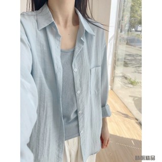 薄款襯衫 女生開衫 防曬開衫 防曬襯衫 透氣襯衫 夏季襯衫 疊穿法式藍色薄款防曬衣長袖襯衫女夏裝新款寬鬆顯瘦襯衣疊穿上衣