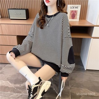 高質量-虧本📣大碼減齡女士衛衣外套春秋季裝韓版寬鬆顯瘦胖mm套頭長袖條紋上衣 4CLV