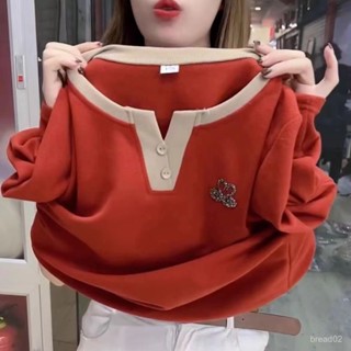 闆娘推薦🉐網紅爆款寬鬆顯瘦春秋新款天鵝鑲鑽長袖t恤女打底休閒V領正肩上衣 MEN3
