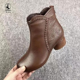 真皮純羊毛 短靴 皮靴 女鞋 女靴靴女冬季軟底圓頭防滑保暖媽媽靴子牛皮復古加絨HU
