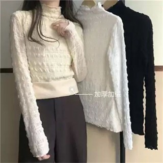 韓版氣質 蕾絲內搭網紗上衣半高領加絨加厚長袖蕾絲打底衫女2024年新款秋冬修身內搭外穿上衣