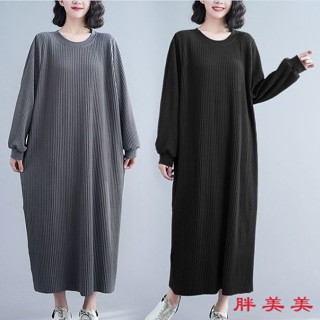 【M-5XL大尺碼】大尺碼洋裝 連衣裙 長袖洋裝 胖MM 顯瘦 春季2024新款大碼休閒寬鬆彈力坑條打底連衣裙女胖MM2