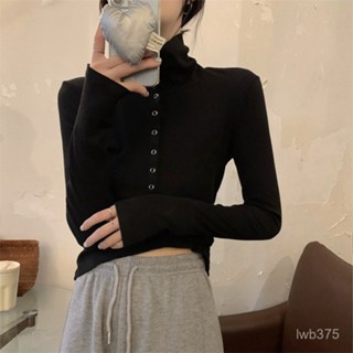 🔆小甜甜日係美衣👙德絨正肩翻領長袖T恤女春冬季設計感別緻打底衫內搭保暖體恤上衣 JYBU