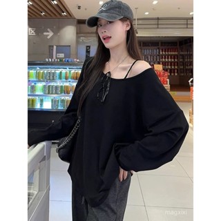 【magxixi】臺灣出貨🚚慵懶性感露肩長袖T恤女早秋設計感小眾寬鬆大碼中長款別緻上衣潮