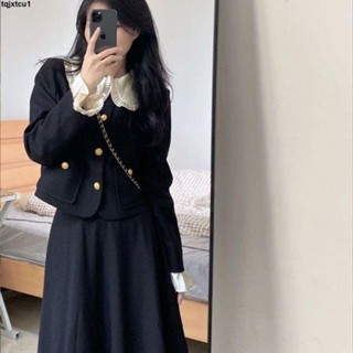 臺灣出貨🚚 時尚套裝 休閑套裝🔥 秋季新款優雅赫本小香風套裝女黑白撞色假兩件外套半身裙兩件套潮