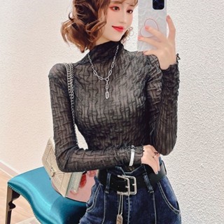365Days-黑色打底衫女秋冬新款時尚高領加絨加厚洋氣百搭氣質網紗T恤