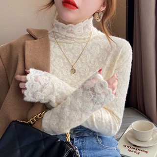 Only❤️高領磨毛蕾絲打底衫女秋冬2024新款加絨加厚毛衣內搭洋氣別緻上衣