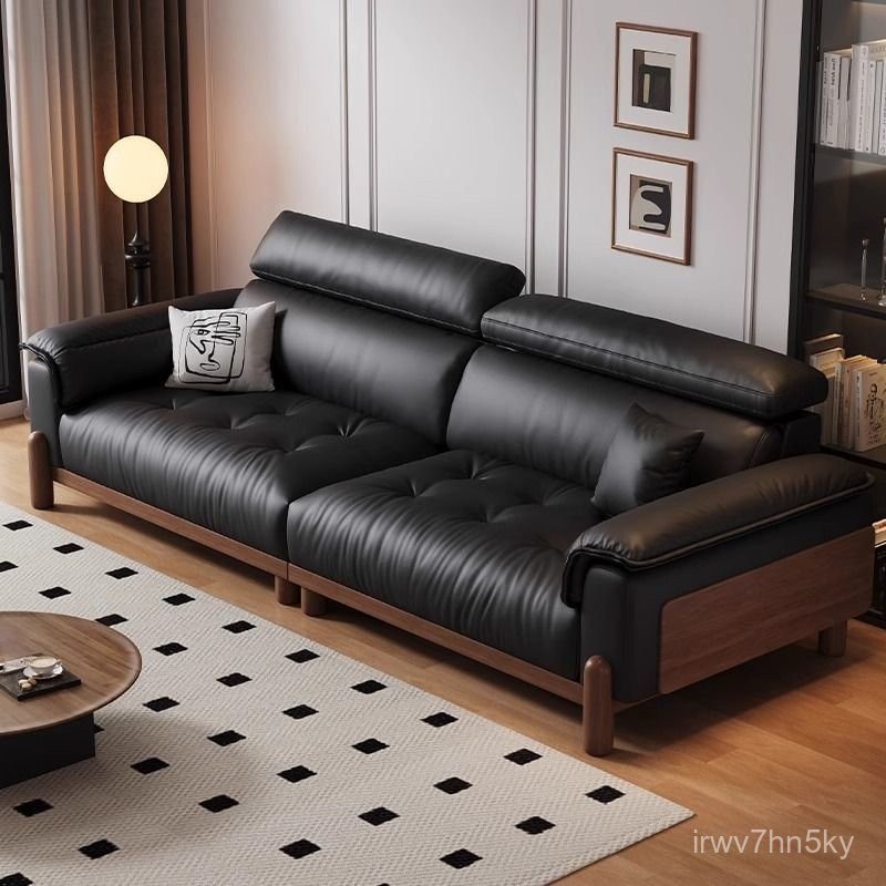 【免稅到府】意式極簡黑色真皮沙髮法式複古小戶型原木風頭層真皮沙髮