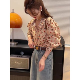 199超值 襯衫🌷港風複古長袖襯衫女春裝女2024新款寬鬆碎花泡泡袖上衣設計感小眾