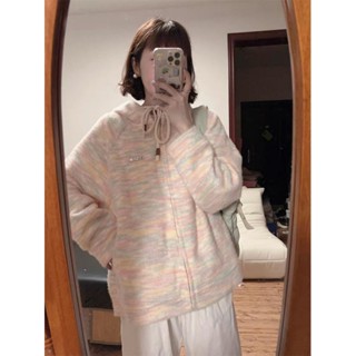 七喜服裝 秋冬連帽軟糯毛衣開衫女彩虹白色拉鏈懶慵撞色簡約高階感時髦上衣