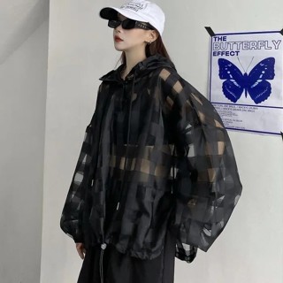 【Seeryn】L~4XL 大尺碼 女生長袖連帽防曬衫 慵懶風 簡約 網紗 外套 學院風 時尚百搭 ins潮 套頭上衣