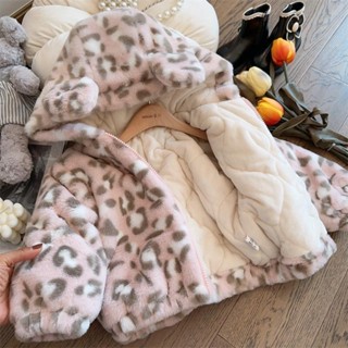 Toz💕女童外套 兒童外衣 童裝外套 女童加絨睡衣 冬季衣服 撞色豹紋加絨加厚連帽外套棉衣 中小童連帽加厚外套