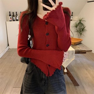 小可家蝴蝶結紐扣開衫設計感長袖針織衫女紅色不規則小眾中長款修身上衣 針織上衣 安可拉套裝 安可拉紅上衣 安可拉穿搭