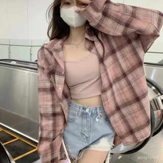 秋季外套女 薄款 爆款粉色POLO領格子襯衫外套 女裝2024年春夏季新款中長款長袖上衣 ZSIF