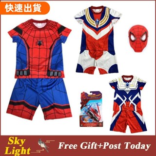 夯貨の 蜘蛛人童裝奧特曼萬聖節服飾男童衣服男童夏裝套裝新款兒童中小童卡通男孩兩件套夏角色扮演面具玩具手套