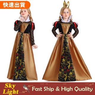 夯貨の 紅心女王愛麗絲夢遊仙境紅桃皇后角色扮演服裝金色連衣裙兒童女孩萬聖節復古派對服裝女孩衣服